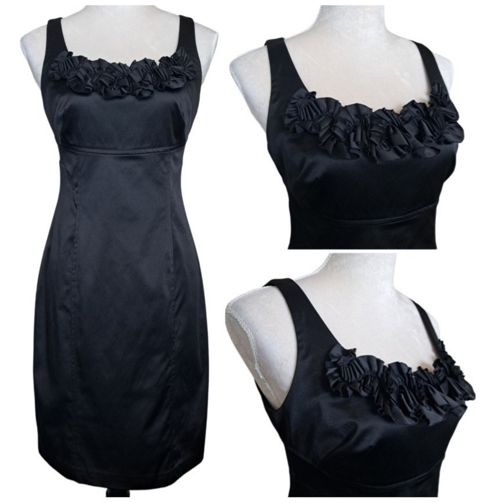 White House Black Market Black Sheath Dress Size 4 Sleeveless Ruffle‎ Neck Lined